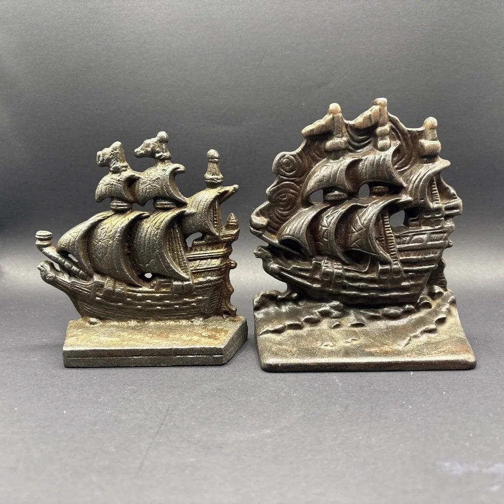 Mismatched Antique 1920s Cast Iron Ship Bookends Eclectic Nautical Pair Patina